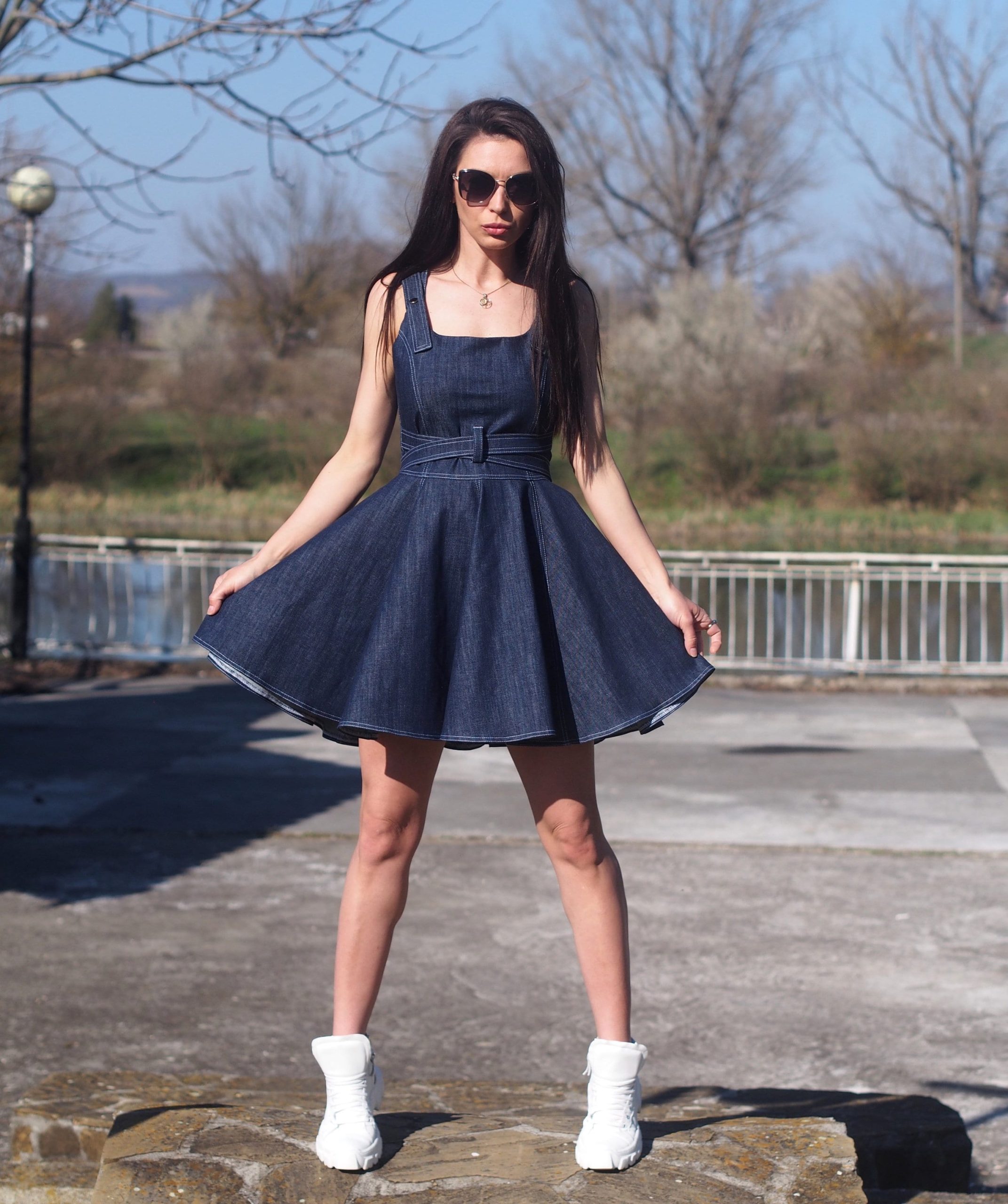 Vintage Style Denim Mini Dress Sleeveless Fit And