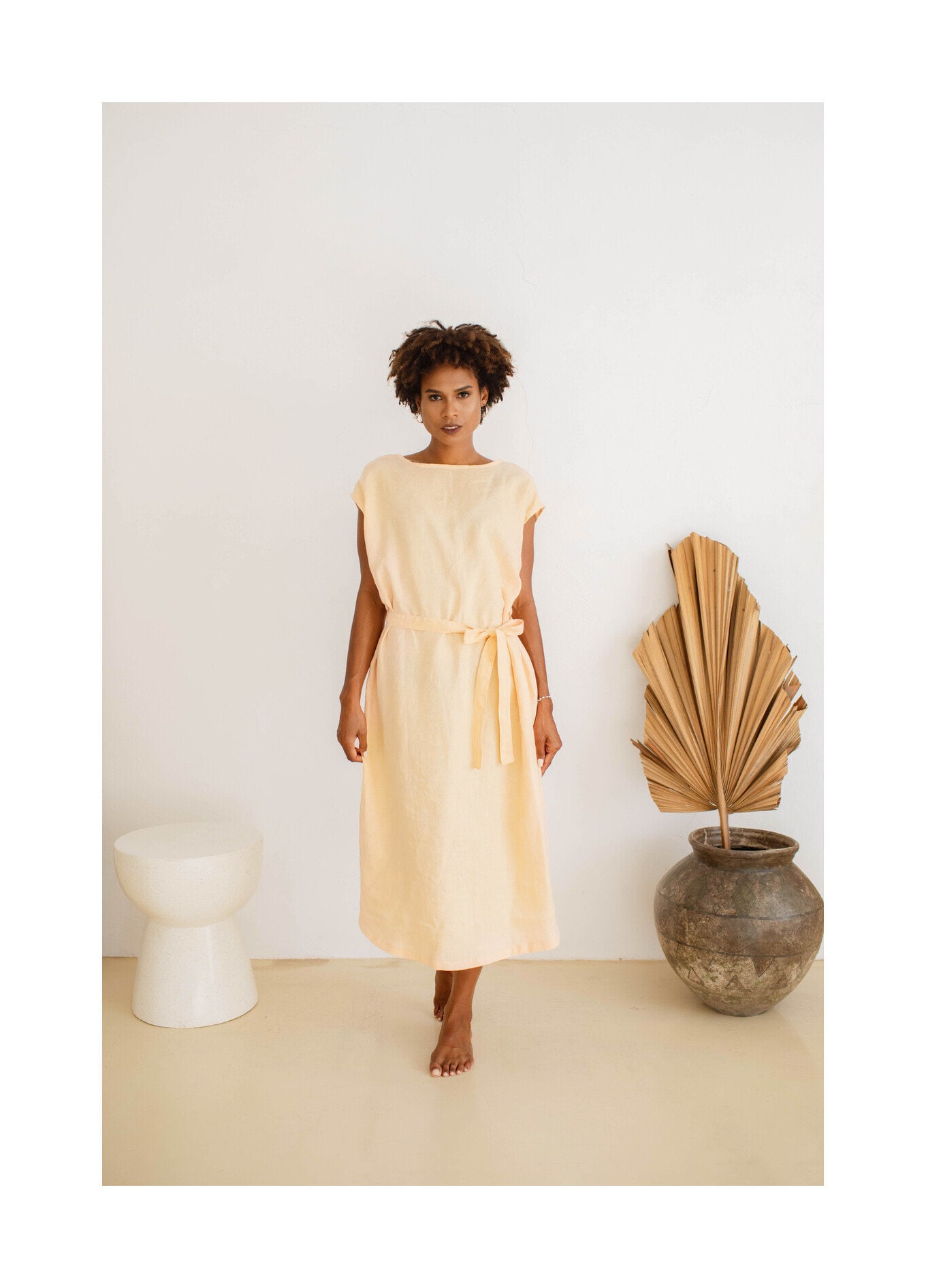 Anggun Peach Linen Dress Pastel Softened Simple Boatneck