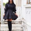 Elegant Black Puff Sleeve Mini Dress Long A
