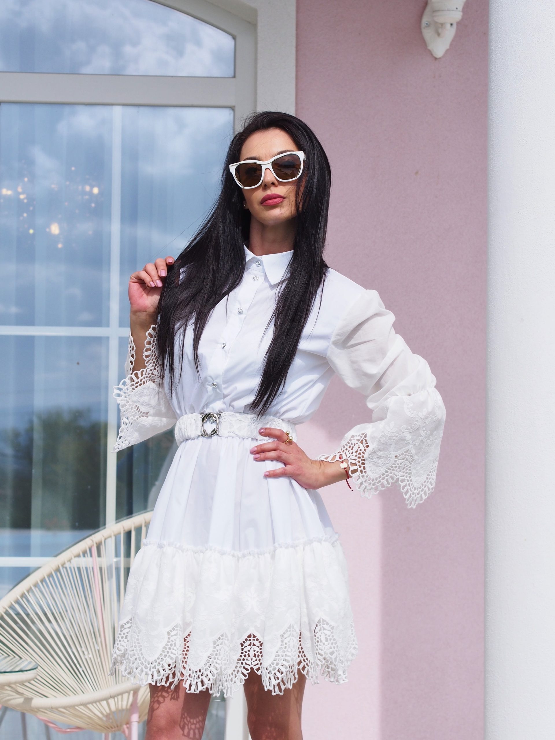 White Cotton And Lace Mini Dress Summer Shirt