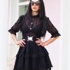 Black Lace Mini Dress With Belt Elegant Cotton