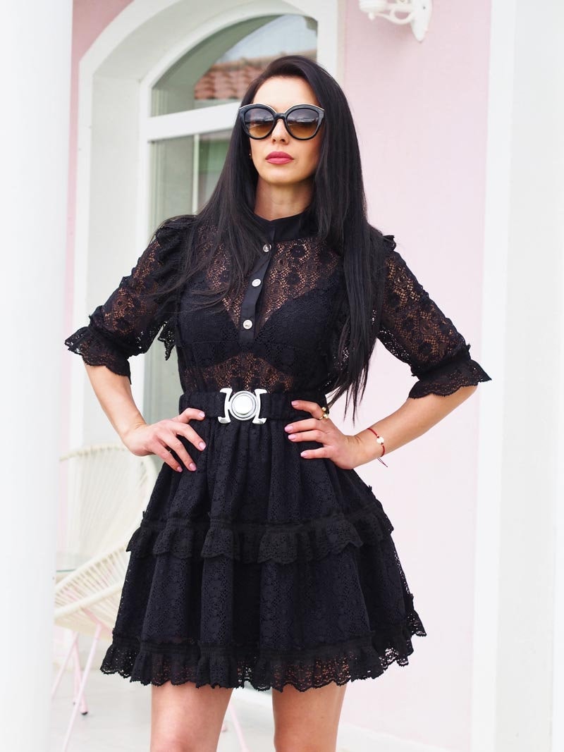 Black Lace Mini Dress With Belt Elegant Cotton