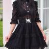 Black Lace Mini Dress With Belt Elegant Cotton