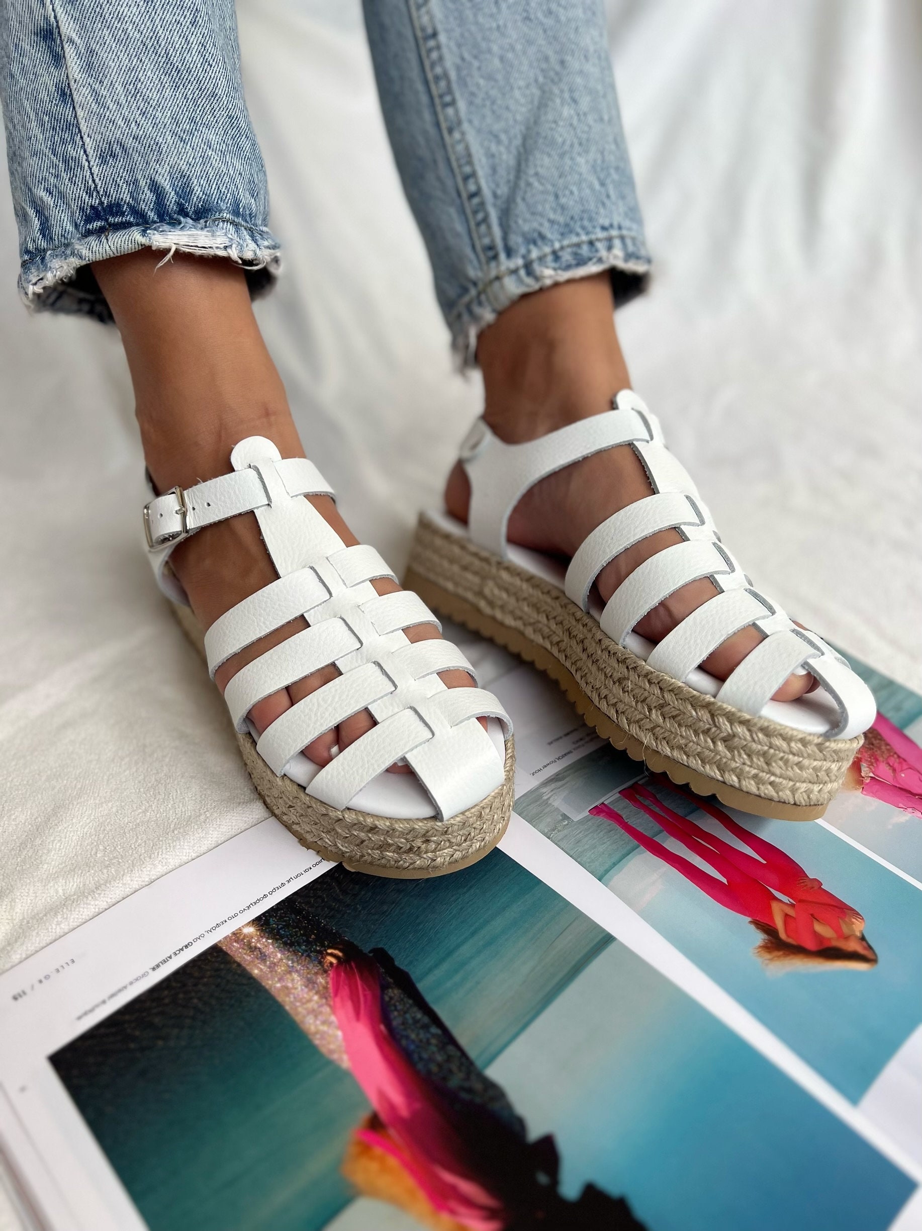 Leather Gladiator Sandals Espadrille Platform Wedges Women Summer