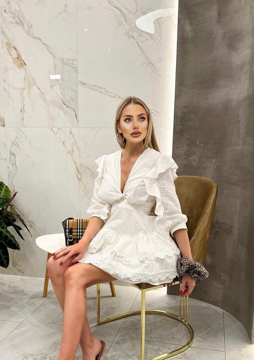 White Eyelet Mini Dress With Ruffles Embroidered Cotton