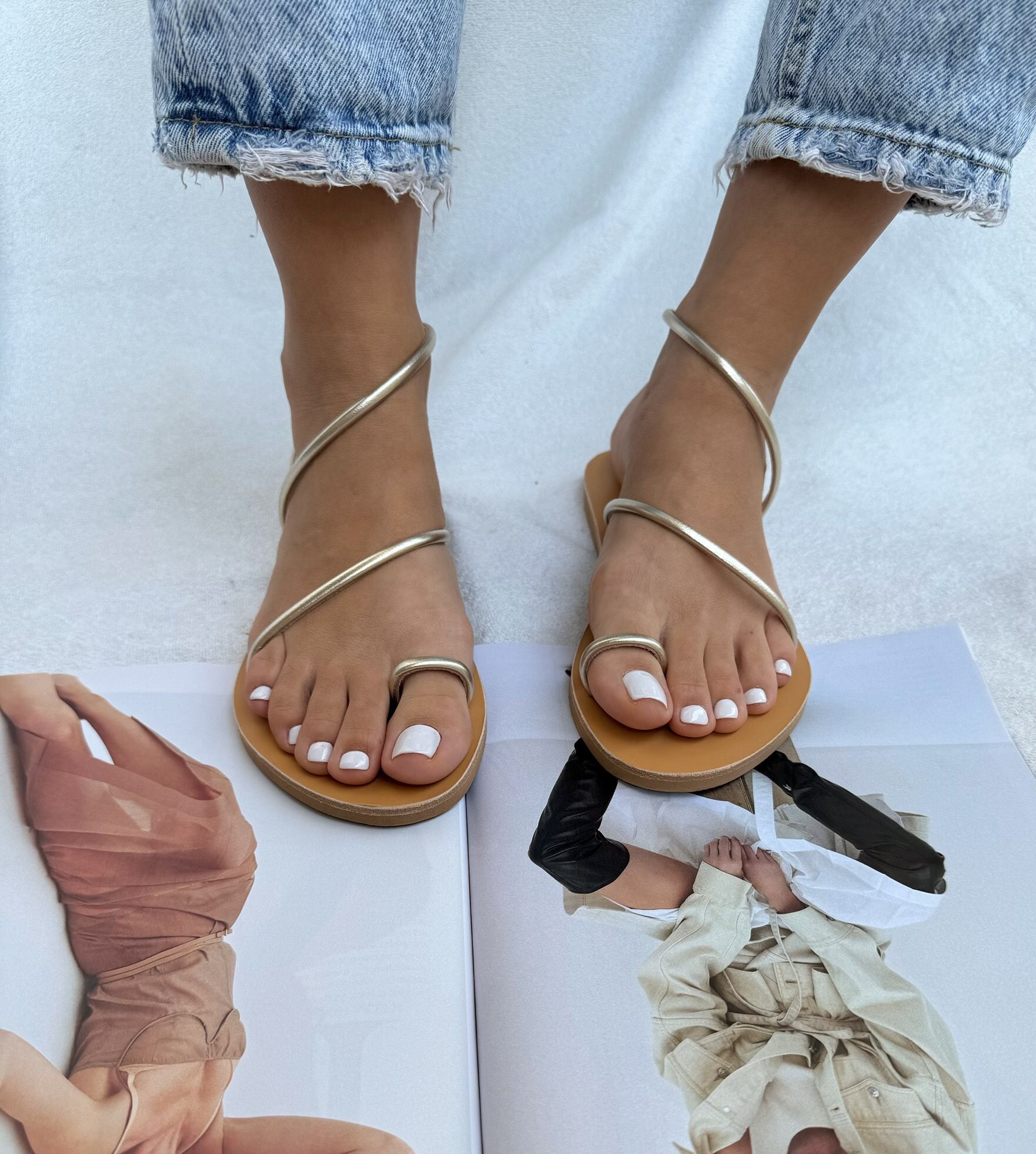 Gold Sandals Leather Strappy Women's Summer Shoes Handmade