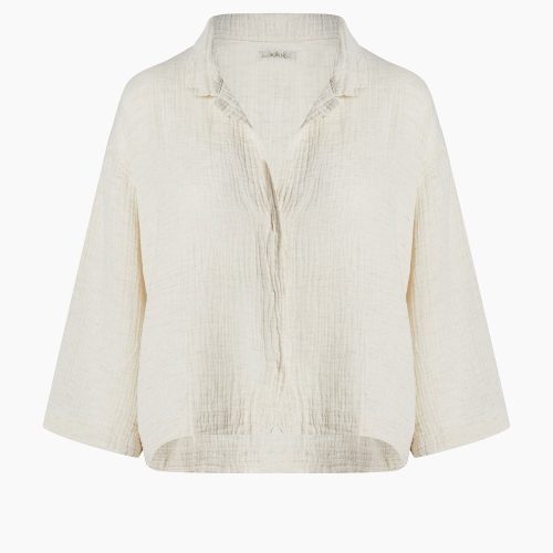 Crinkle Shirt Collared Top Half Sleeve Gauze